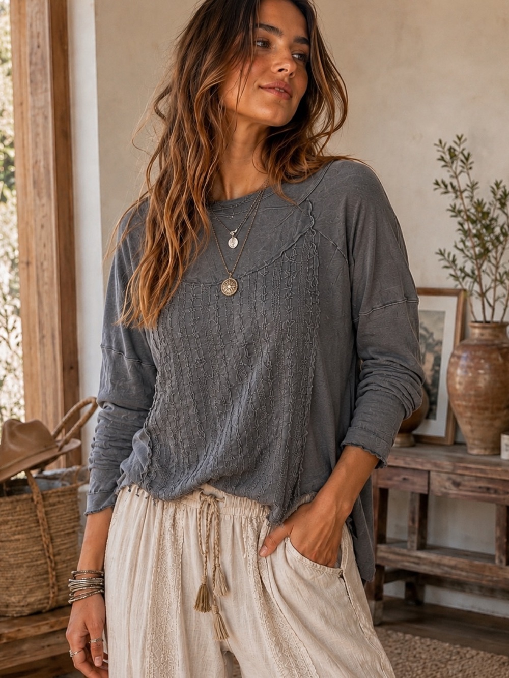 Free People Slate Gray Long-Sleeve Textured Top